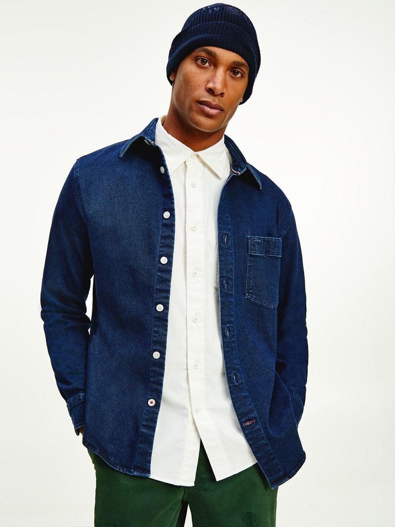 Férfi Tommy Hilfiger Indigo denim overshirt Ingek Sötétkék | HU 1044OKI